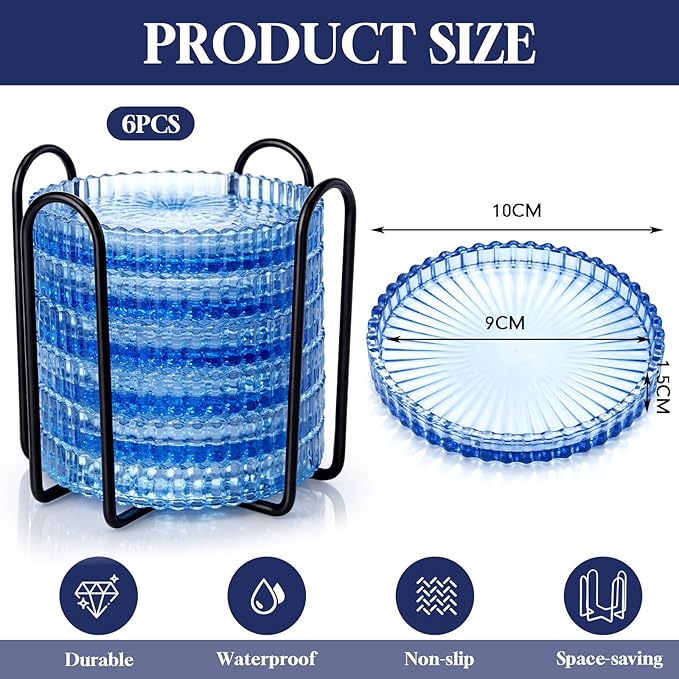 Remerry 6 Pcs Clear Crystal Coaster Set with Holder Glass Coasters for Drinks 4 Inch Drinks Crystal Round Cup Coasters Coffee Table Decor for Office Kitchen Bar Restaurant Patio (Blue)