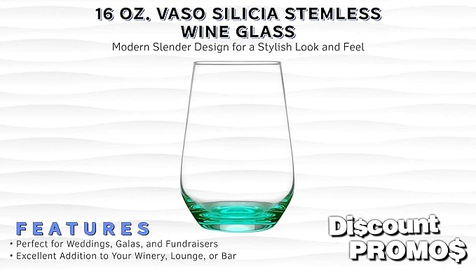DISCOUNT PROMOS 10 Vaso Silicia Stemless Wine Glasses Set, 16 oz. - Clear, Orb-Like, Thick base - Green