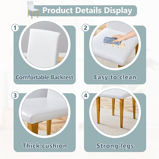 White Dining Chairs Set of 8,Faux Leather with Gold Metal Legs,Armless Kitchen Room Chairs Set of 8,Max Load 300 Lbs,High Back Modern Design for Home Kitchen Living Room Bedroom
