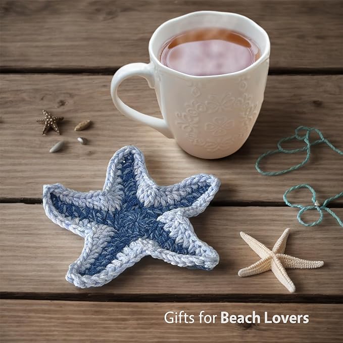UMIRRO Handwoven Drink Coasters for Coffee Table, Ocean Themed Gifts for Beach Lovers, Coastal Kitchen Decor for Home - Blue Starfish, Set of 2