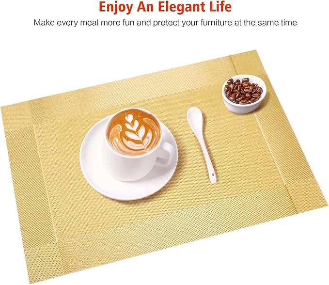 Placemats Set of 12,Washable,Heat and Stain Resistant Indoor/Outdoor Place mats,Vinyl Woven Non Slip Table Mats for Restaurant Table Protection,PVC Placemats(Gold 12PCS)
