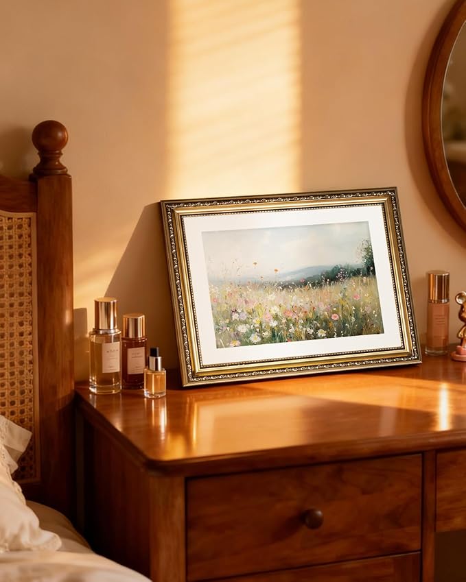 InSimSea Gold Picture Framed Wall Art, Living Room Vintage Field of Wildflowers Wall Decor, Nature Landscape Canvas Print Art, Home Farmhouse Decor, Antique Paintings with Frame 13x16inch