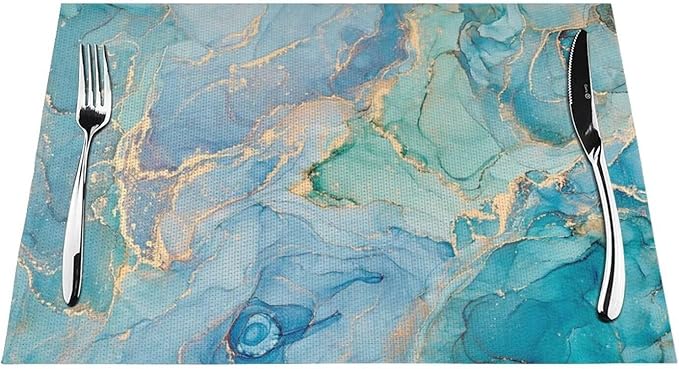 Teal Marble Placemats Set of 6 Turquoise Blue Gold Natural Luxury Abstract Fluid Wipeable Table Mats Reusable Washable PVC Rectangle Place Mats for Kitchen Dining Home Decor 12x18 Inches