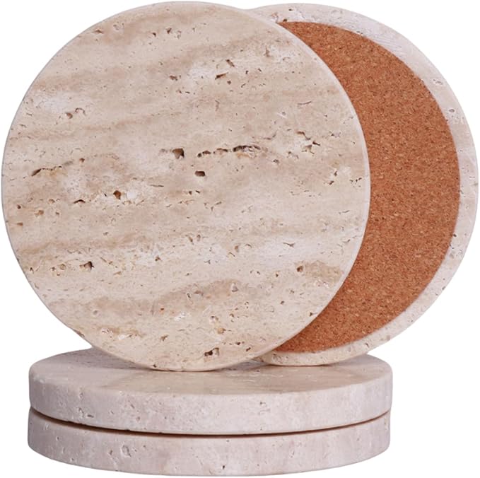 Travertine Stone Coasters Set of 4 ，4 inch Round Coasters Make a Great Housewarming, Providing Sturdy and Durable Desktop Protection for a Variety of Cups