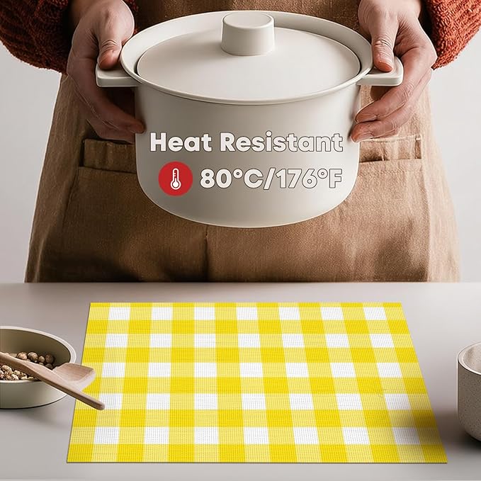 Artoid Mode Buffalo Plaid Vinyl Placemats Set of 4, 12x18 Inch Washable Non-Slip Heat Resistant Plastic Place Mats for Party Dining Table, Yellow/White