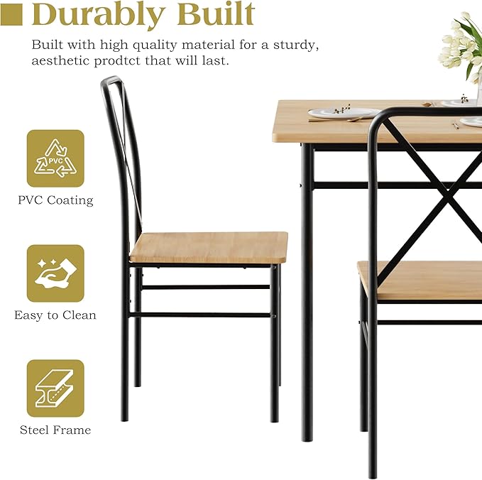 VECELO 5-Piece Kitchen Dining Table Set, Wood Tabletop & Heavy-Duty Metel Frame, Rectangle Dinette with 4 Chairs for Small Space, Breakfast Nook, Natural Black