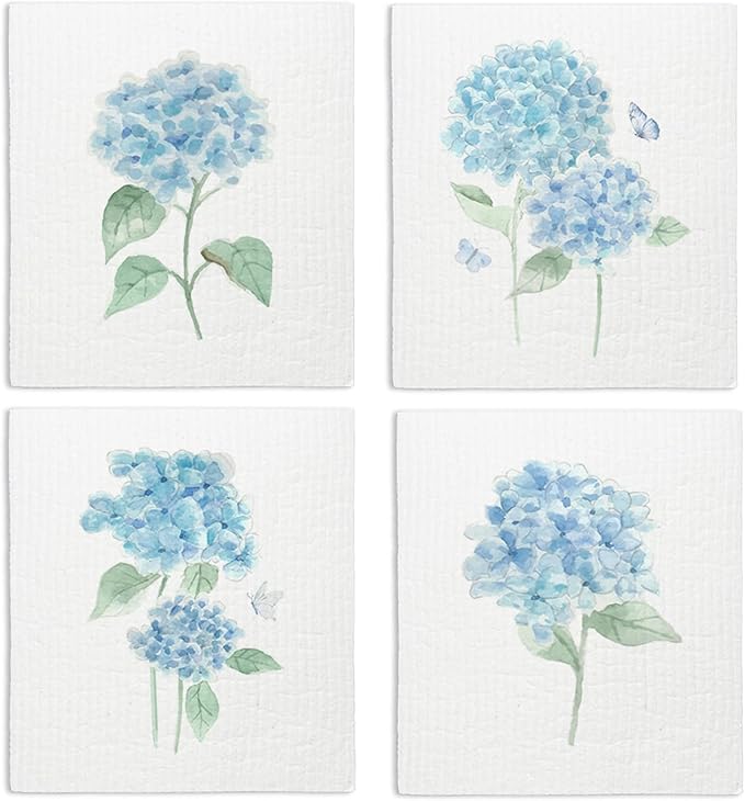 Spring Floral Swedish Dishcloths for Kitchen, Swedish Dish Cleaning Cloths for Hydrangea, Papaya Reusable Paper Towels, 4 Pack Dish Towels for Kitchen, Reusable Paper Dishcloths Washable