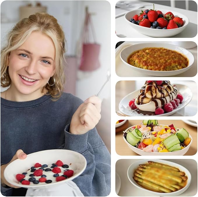 8.6" Oval Serving Bowls, 24 oz Small Oval Bowl for food, Side Dishes, Salad, Pasta, Snacks, Fruit, White Ceramic Serving Dish, Set of 4