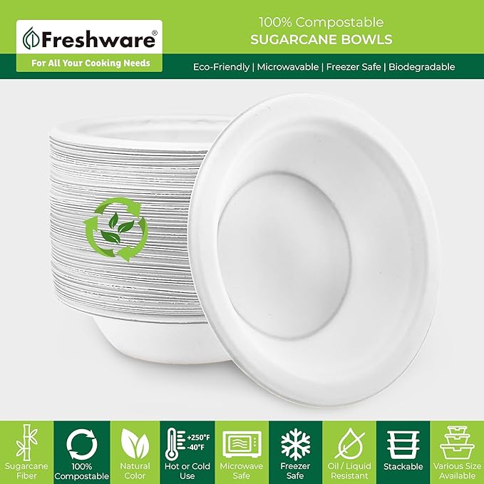 Freshware Paper Bowls - Disposable 16 oz. Soup Bowl, 125-Pack Biodegradable Sugarcane Fiber Serving Bowls - Heavy Duty Bagasse for Hot Food Plates - Microwave & Freezer Safe, Stackable Dinnerware