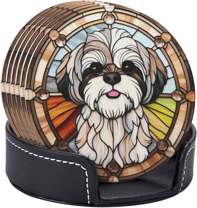 Drink Coaster Set of 6, Shih Tzu Dog Mom Lover Gift,Leather Drink Coasters with Holder,6 Pack Cup/Bar/Drink Coasters for Table/Drinks/Coffee Protection Housewarming Gift