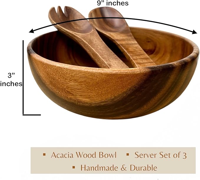 Acacia Wooden Salad Bowl Set – 9” Round Handcrafted Bowl with 2 Wood Servers, Rustic Durable Serveware for Salads, Fruit, Snacks & Everyday Dining, Gift-Ready Set of 3