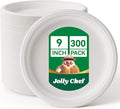 JOLLY CHEF Compostable Heavy Duty Plates 9 Inch [300 Pack] Eco-Friendly Disposable White Paper Plates Bagasse Biodegradable Sugarcane Bulk for Party Dinner Lunch Hot Cold Foods Christmas