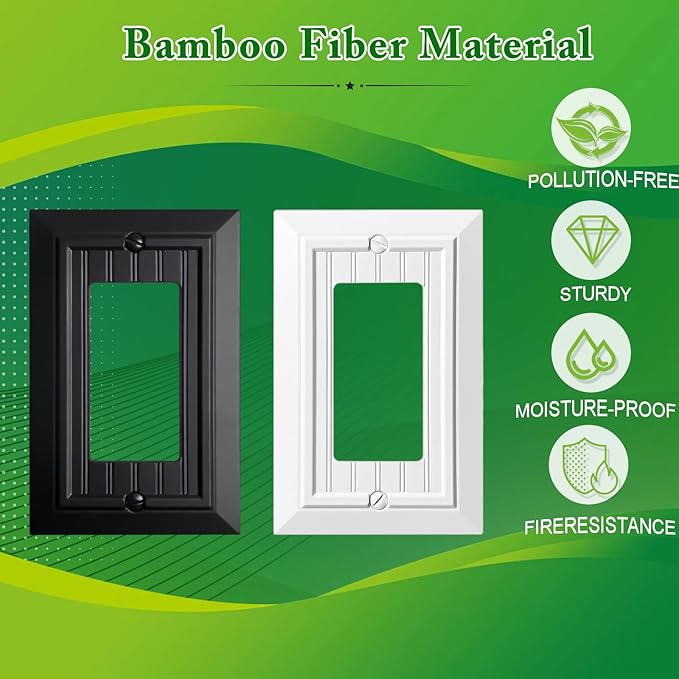 Beadboard Outlet Covers Wall Plates, Bamboo Fiber Light Switch Covers, Natural Material Electric Receptacle Decorative Switch Plate Outlet Cover Matte Black (1 Gang Decorator 4 Pack)