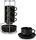 MALACASA 2.5 OZ Porcelain Espresso Cups with Saucers and Metal Stand Set of 4, Stackable Cappuccino Cups, Marble Black Expresso Shots Cup Set for Coffee Drinks, Latte, Tea