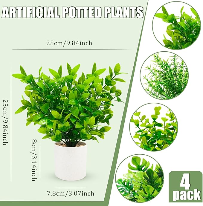 4 Packs Mini Artificial Potted Plants Small Fake Plants Artificial Greenery for Home Office Bathroom Farmhouse Tabletop Spring Decor
