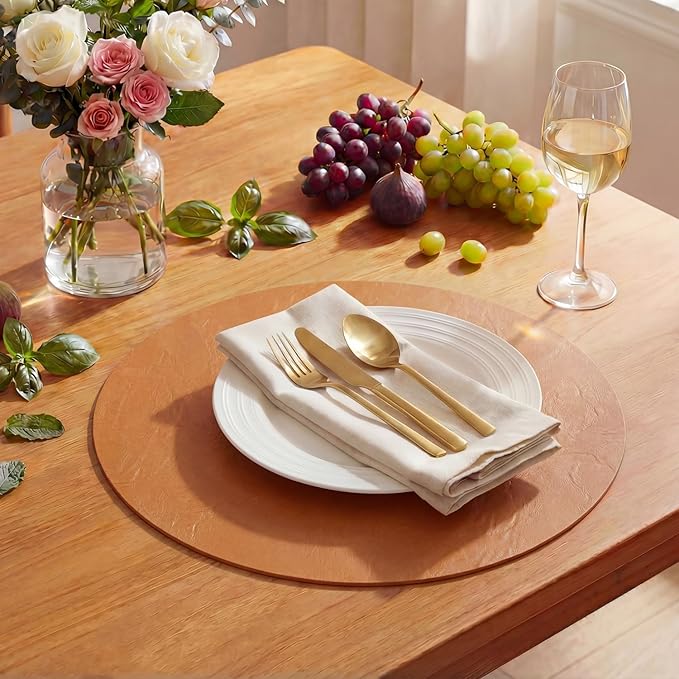 Artoid Mode Rust Faux Leather Placemats Set of 6, 15 Inch Waterproof Wipeable Heat Resistant Vinyl Place Mats, Reversible Table Mats for Fall Kitchen Dining Decor