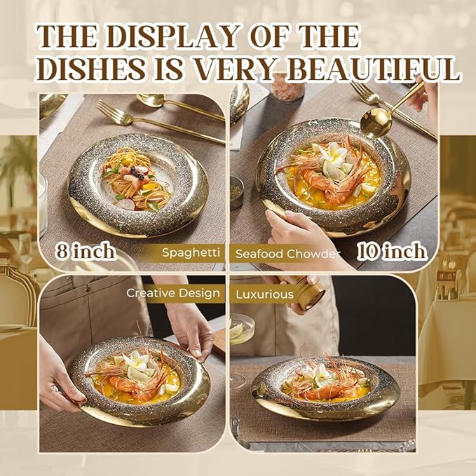10 Inch Porcelain Dinner Plates Set of 4 - Hand-Decorated Gold Speckled Rim, Restaurant Grade Fine Dining Ceramic Plates for Elegant Presentation, Pasta, Seafood, Salad, Sushi