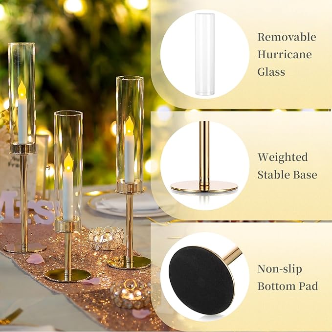 Hewory Gold Candle Holders, 3Pcs Hurricane Candlestick Holders with Glass Candle Cover for Wedding Table Centerpiece Christmas Decor