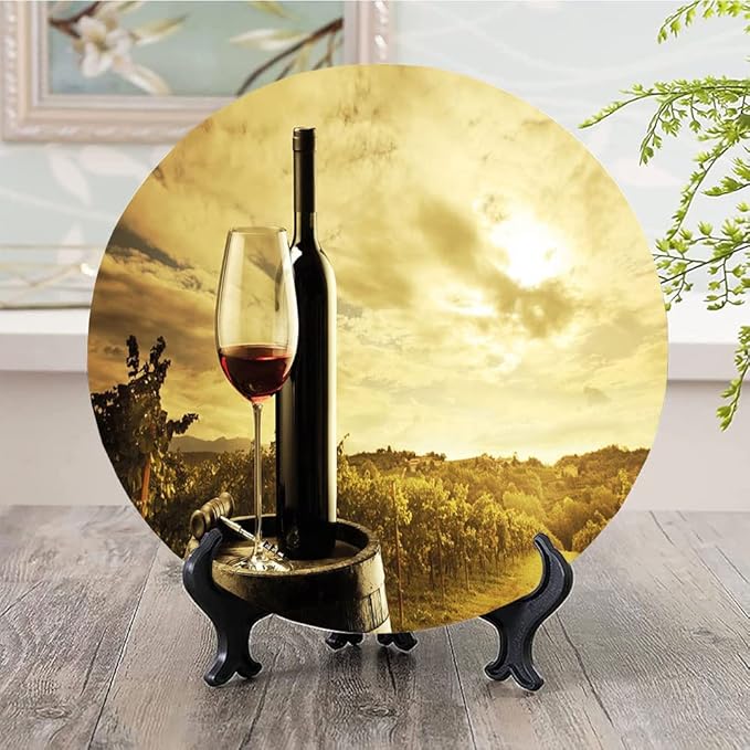 Ceramic Plates, Wine Decorative Ceramic Plates, Red Wine Bottle and Glass on Wooden Barrel, 6 Inch, Household Plates Decorative, Light Coffee Green Black