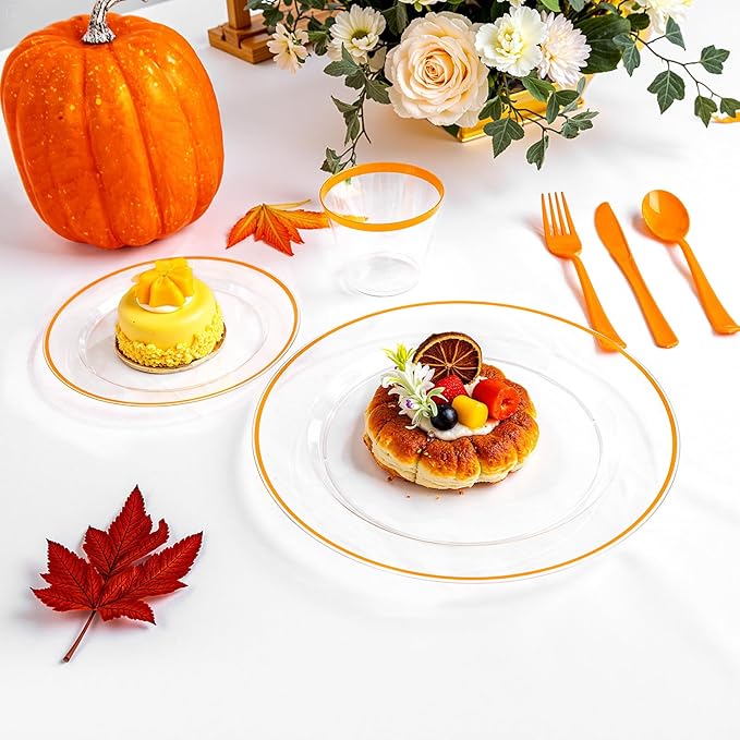 SUT 350Pcs Orange and Clear Plastic Dinnerware Set for 50 Guests, Include: 50 Dinner Plate, 50 Dessert Plates, 50 Pre Rolled Napkins With Silverware, 50 Cups, Disposable Plates for Party