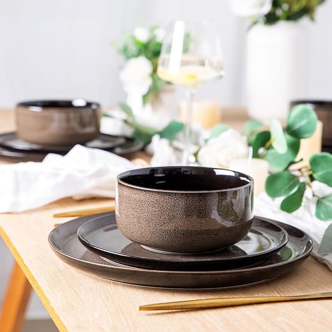 LeRatio Ceramic Dinnerware Sets for 4,12-Piece Plates and Bowls,Handmade Reactive Glaze Dishes Set, Scratch Resistant | Oven&Dishwasher & Microwave Safe,Service for 4（12pcs),Modern-Chestnut