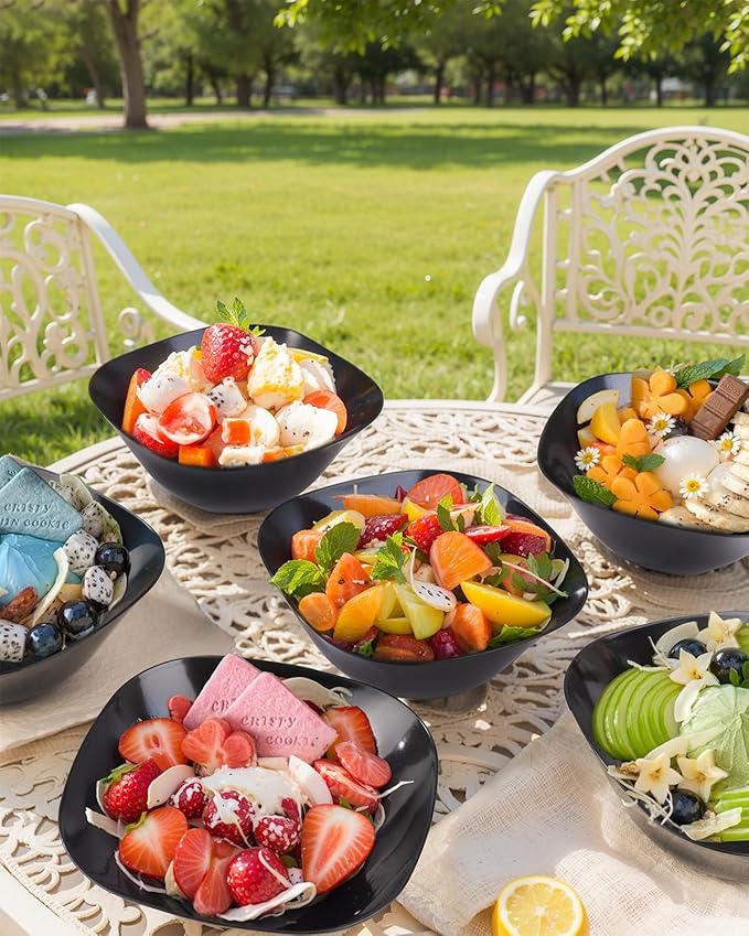 bUCLA 50Pack Black Plastic Serving Bowls - 16oz Disposable Serving Bowls for Dessert/Ice Cream/Salsa/Snack/Candy, Ideal for Party & New Year