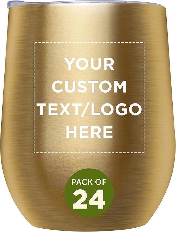 Custom Stemless Wine Glass Tumblers with Lids by Largo 11 oz. Set of 24, Personalized Bulk Pack - Perfect for Wine, Cocktails, Other Hot & Cold Beverages - Gold