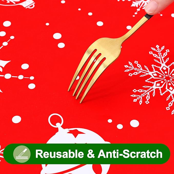 Smiry Plastic Christmas Tablecloth, Snowflake Wipeable Flannel Backed Vinyl Tablecloth, Waterproof Elastic Fitted Table Cover for Christmas Dinner, and New Year Celebration (White & Red, 30x96 Inches)