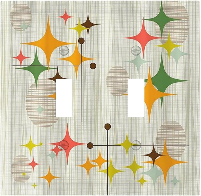 Decorative Light Switch Cover Mid Century Modern Retro Stars 2 Gang Wall Plate Double Toggle Switch Plate Receptacle Electrical Outlet Cover Switchplate for Bathroom Bedroom Decor（2 Pack）