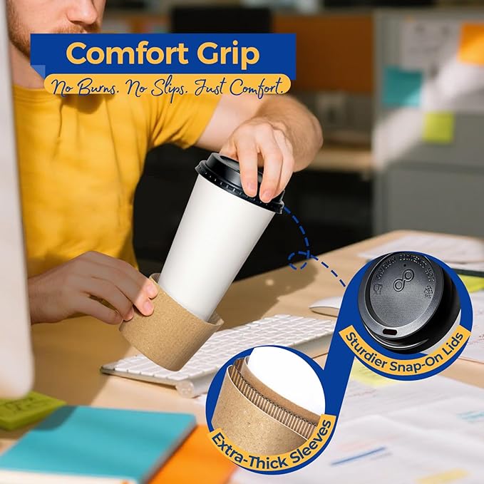Fit Meal Prep 100 Pack 16 oz Disposable Coffee Cups with Lids, Sleeves, Leak-Proof To Go Coffee Cups with Lids, Durable Paper Cups for Hot Cocoa and Coffee Bar Supplies