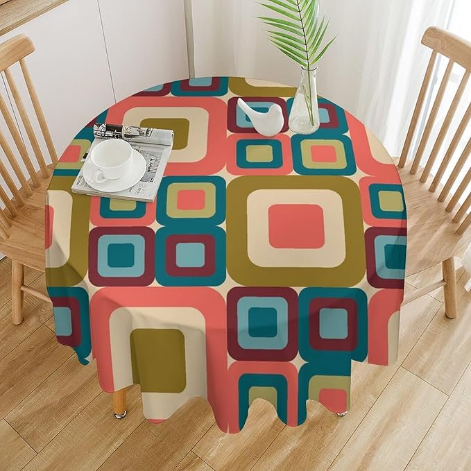 Abstract Geometric Round Tablecloth, Mid Century Modern Middle Century Abstract Patterns Print Tablecloth for Home Party Dining Room Kitchen Decor 70Inch(178cm)