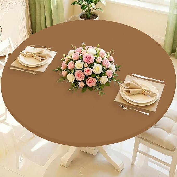 Round Spandex Tablecloth, Elastic Fitted Waterproof Tablecloths for 25"-30" Tables, Stretch Washable Picnic Table Cover for Camping, Dining, Indoor and Outdoor,Brown