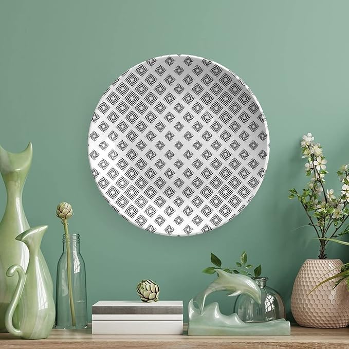 Ceramic Display Plate, Abstract Ceramic Hanging Decorative Plate, Minimalist Geometric Diamond Shaped Square Lines, 8 Inch, Household Custom Ceramic Plate, Black White