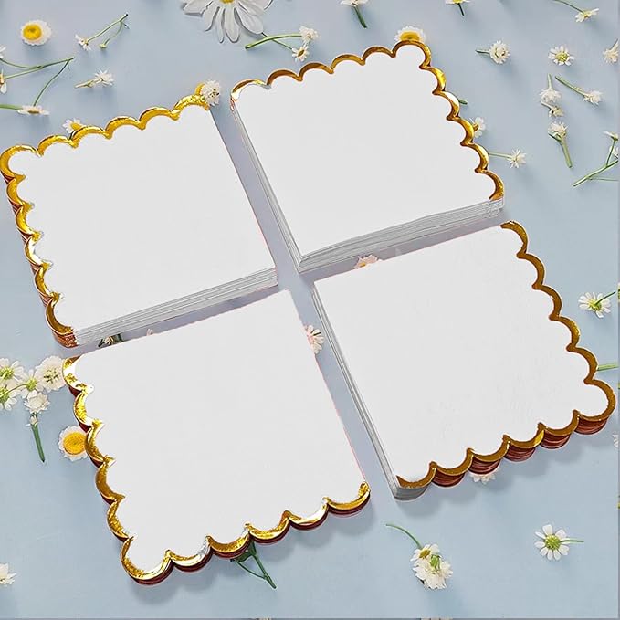 100 pack White Cocktail Napkins with Gold Foil Accents Scalloped Edges 5 x 5 inch Beverage Disposable Napkin Party Decoration Wedding Bridal and Baby Shower Dinner Lunch Supplies