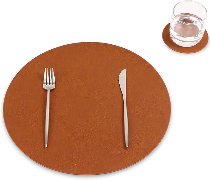 Set of 8 PU Leather Placemats, Waterproof Coffee Coasters, Kitchen Table Mats, Easy to Wipe Off for Dining Round Table