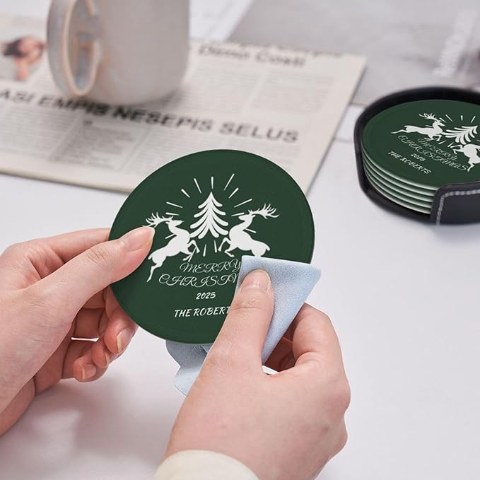 Customize Coasters for Drinks, Personalized Leather Coasters Set of 6, Custom Costers for Women Men, Christmas Party Favor Coaster, Posavasos de Cuero para reuniones