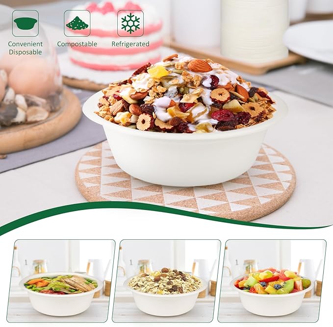 Paper Bowls, 200 Pack 12 Oz Paper Bowls Disposable Heavy Duty, Bagasse Hot Soup Bowls Disposable Bowls