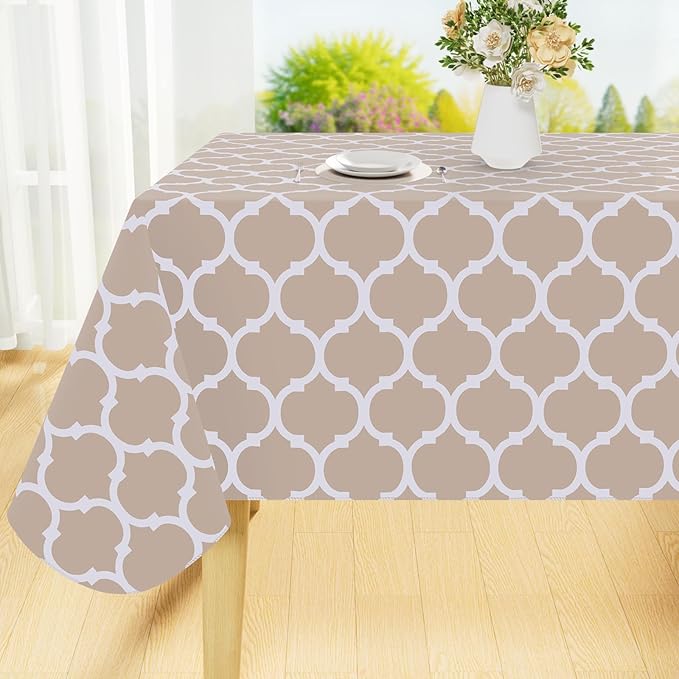 Smiry Rectangle Table Cloth, Waterproof Vinyl Tablecloths with Flannel Backing for Rectangle Tables, Wipeable Spillproof Plastic Tablecloth for Dining, Camping, Indoor and Outdoor (54"x108", Khaki)