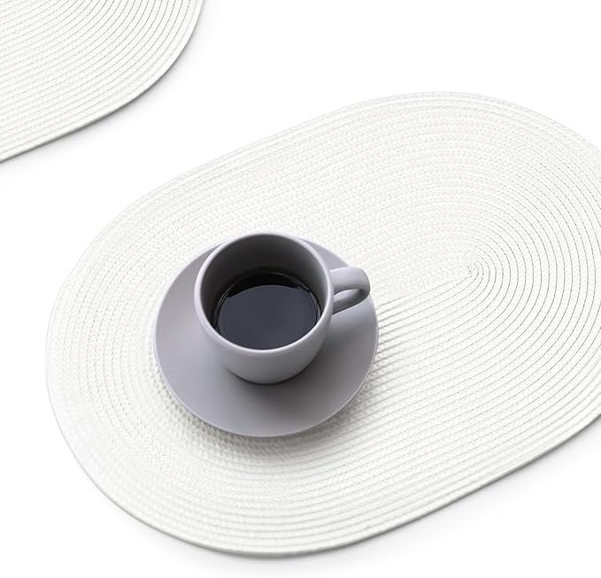 FunWheat Oval Braided Placemats Set of 4 Table Mats for Dining Tables Washable Heat Resistant Place Mats for Indoor Outdoor Use 12 x18 Inch(Oval White, 4pcs)