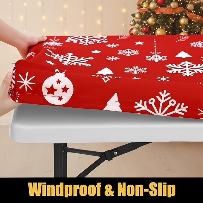 Smiry Rectangle Christmas Table Cloth, Waterproof Elastic Fitted Tablecloths for 8 Foot Tables, Washable Polyester Table Cover for Dinner (Christmas Snowflakes, 30"x96")