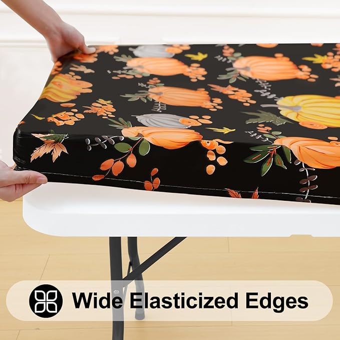 Smiry Plastic Thanksgiving Tablecloth, Pumpkin Waterproof Elastic Fitted Table Covers for 6 Foot Tables, Wipeable Flannel Backed Vinyl Tablecloths for Autumn Harvest, Parties (Black, 30x72 Inches)
