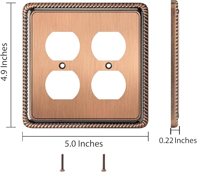 Henne Bery Rope Edge Decorative Wall Plate Switch Plate Outlet Cover (Double Duplex, Antique Copper)