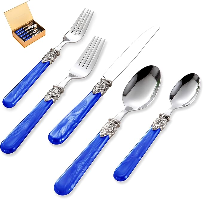20 pieces 18/10 Stainless Steel Silverware Sets With Deep Blue Handle,Vintage Cutlery Sets,Sliverware set Service for 4,Dishware Safe (20, Deep Blue)
