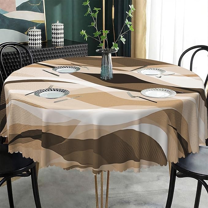 Laeacco 60 Inch Brown Modern Round Tablecloth Striped Geometric Abstract Art Print Table Cloth Washable Waterproof Wrinkle Free Table Cover for Kitchen Dining Picnic Party Decoration