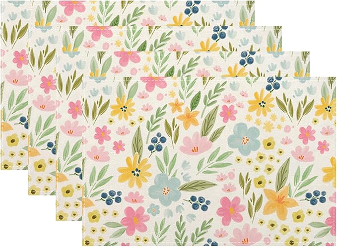 Yellow Pink Blue Floral Spring Placemats Set of 4, 12x18 Inch Watercolor Flower Decorative Table Mats Summer Seasonal Holiday Table Placemats for Party Home Kitchen Dining Table Decoration