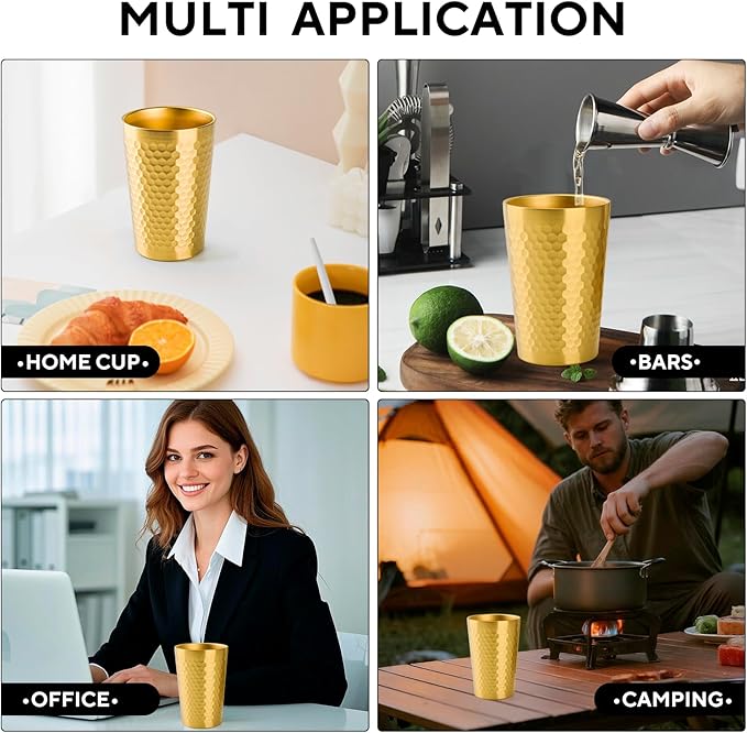 5 Pcs 12 oz Honeycomb Small Metal Cup, Double Wall Vacuum Stainless Steel Insulated Cup, Reusable Camping Cups Unbreakable Indoor Outdoor for Party, Home, Office, BBQ, Gold