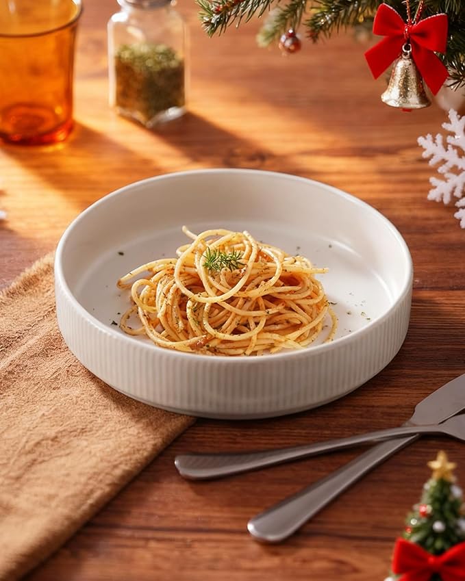 famiware Star 8.25" Pasta Bowls, Large Dinner Bowls Set of 4, Salad Bowl Plates, Shallow Bowls for Eating, Dark Charcoal & White Full Glaze Matte