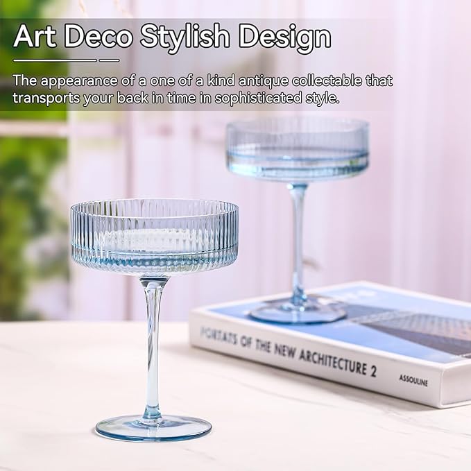 Blue 9 oz Vintage Art Deco Coupe Glasses Set of 6 Blue Ribbed martini Glasses|Vintage Cocktail Glasses Set,Unique Light Sky blue Coupe Glass