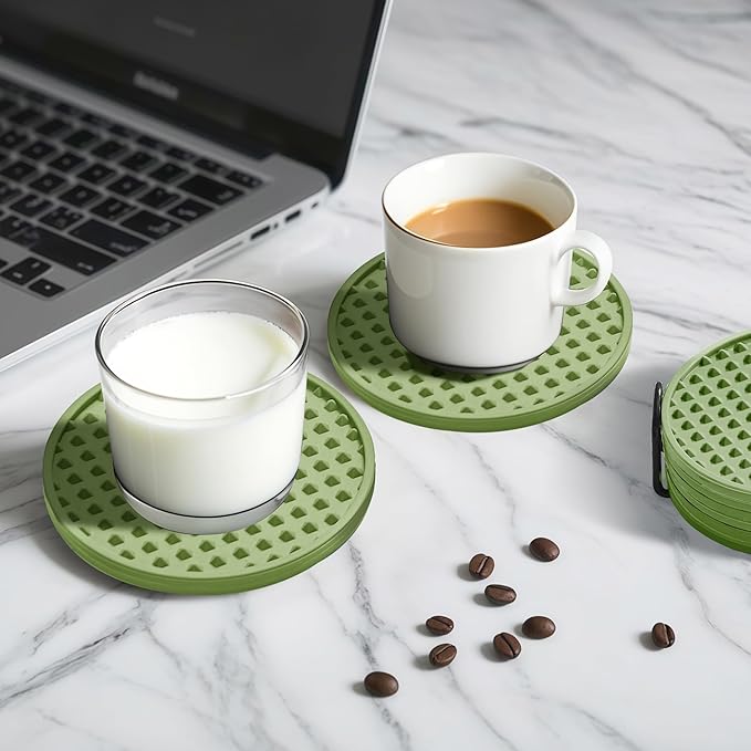Coasters for Drinks, Silicone Coasters Set of 6 with Metal Holder, Outdoor Coaster for Coffee Table, Non-Slip Rubber Table Cup Mat Desk, Heat Resistant & Scratch-Proof (Green)