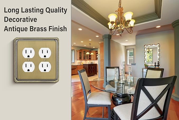 Henne Bery Rope Edge Decorative Wall Plate Switch Plate Outlet Cover (Double Duplex, Antique Brass)